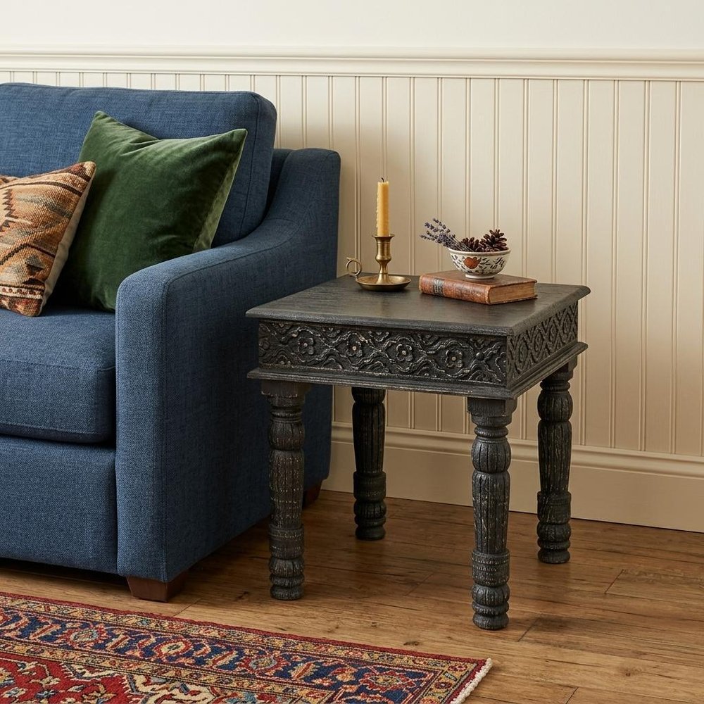 24" Black Distressed Solid Wood Square End Table