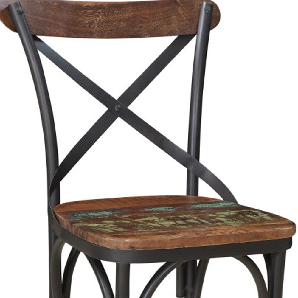 Set of Two Brown And Black Metal And Wood Cross Back Dining Side Chairs