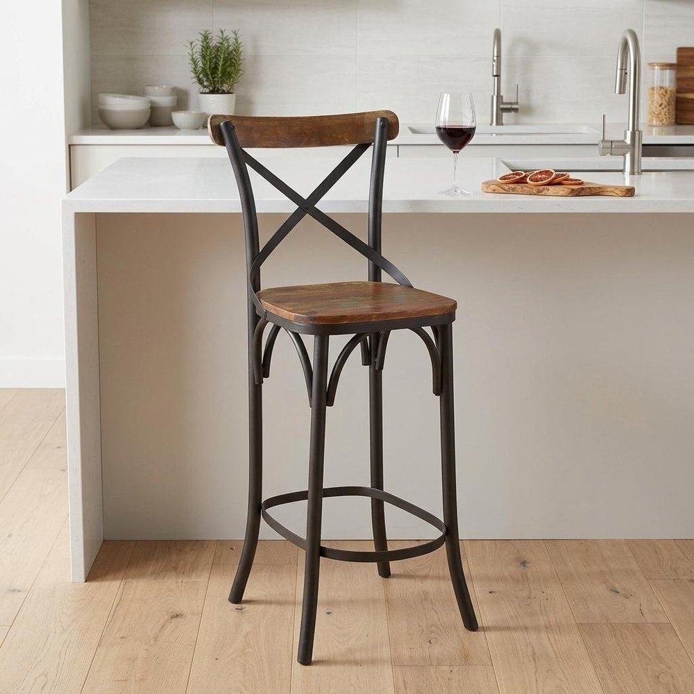 Set of Two 30" Brown and Black Solid Wood and Metal Counter Height Bar Chairs