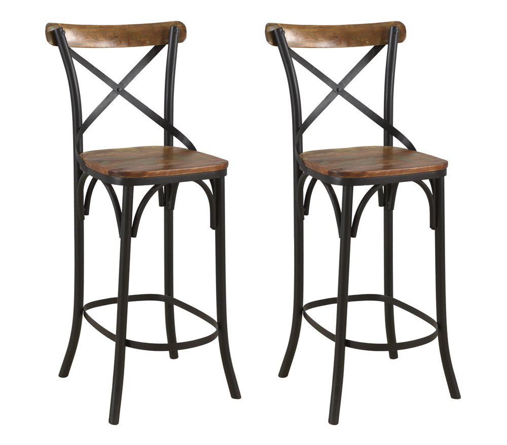 Set of Two 30" Brown and Black Solid Wood and Metal Counter Height Bar Chairs