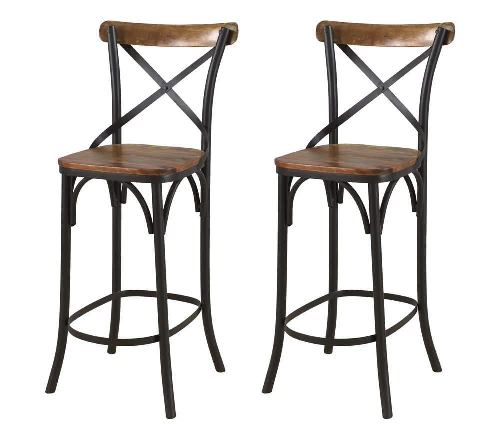 Set of Two 30" Brown and Black Solid Wood and Metal Counter Height Bar Chairs