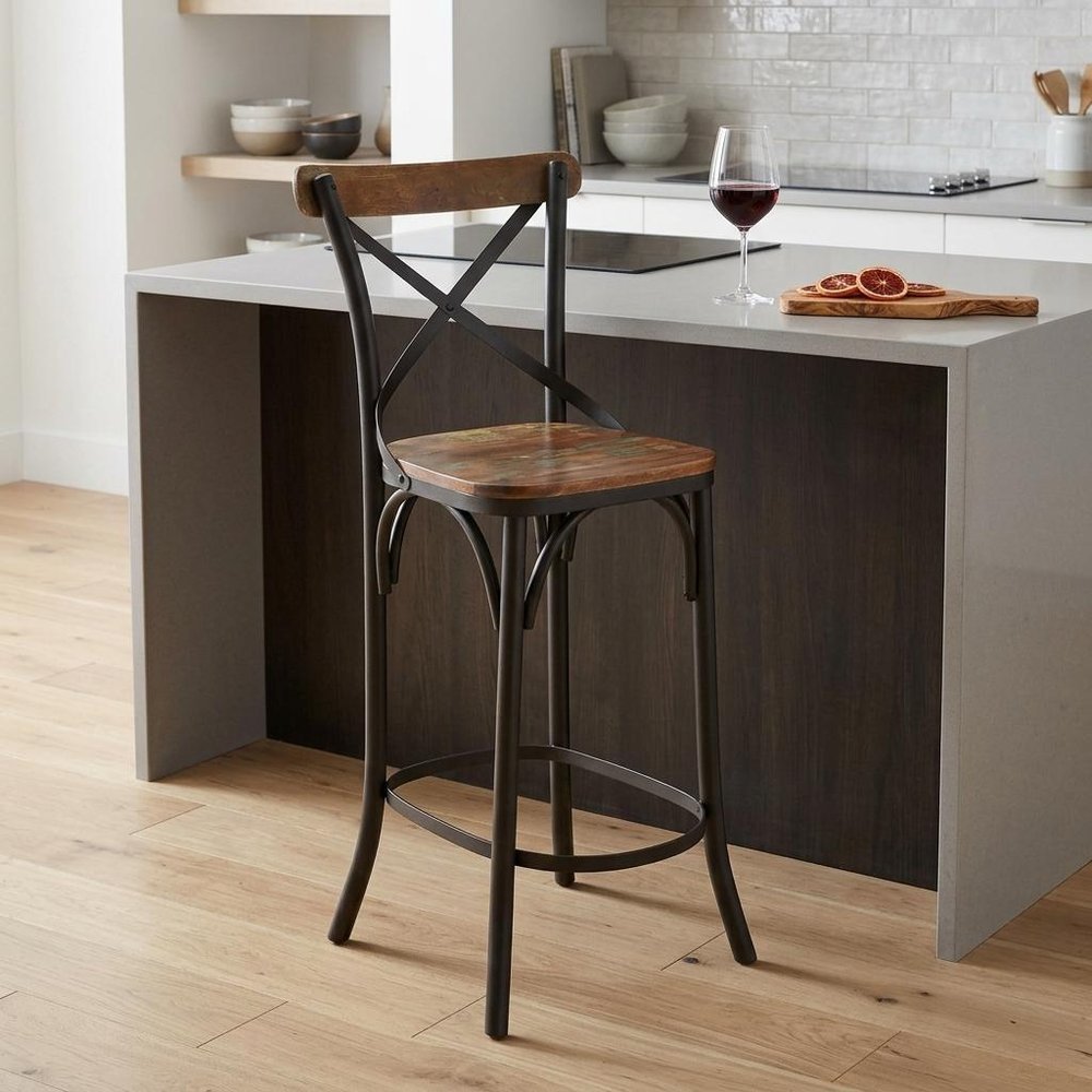 Set of Two 30" Brown and Black Solid Wood and Metal Counter Height Bar Chairs
