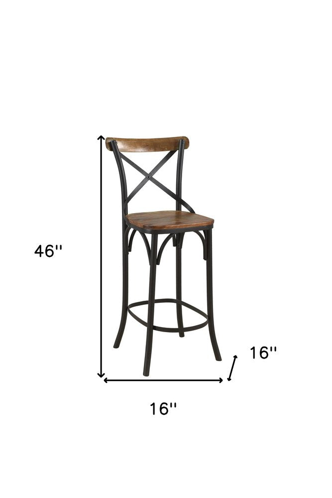 Set of Two 30" Brown and Black Solid Wood and Metal Counter Height Bar Chairs
