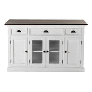 60" White And Black Solid Wood Paneled Three Drawer Buffet Table with Four Glass Doors