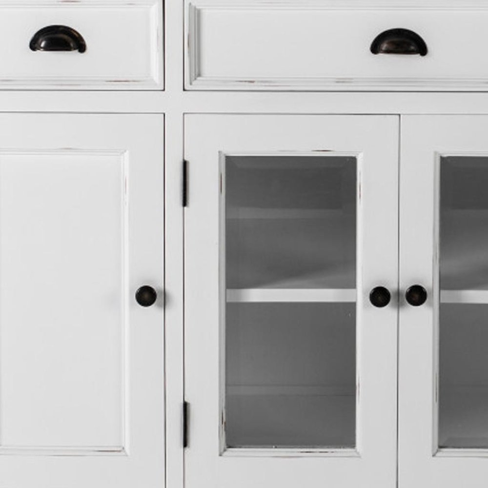 60" White And Black Solid Wood Paneled Three Drawer Buffet Table with Four Glass Doors