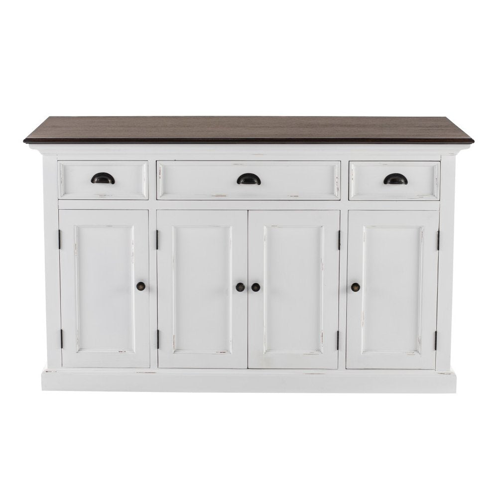 60" Antiqued White And Brown Distressed Solid Wood Three Drawer Buffet Table with Four Glass Doors