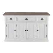 60" Antiqued White And Brown Distressed Solid Wood Three Drawer Buffet Table with Four Glass Doors
