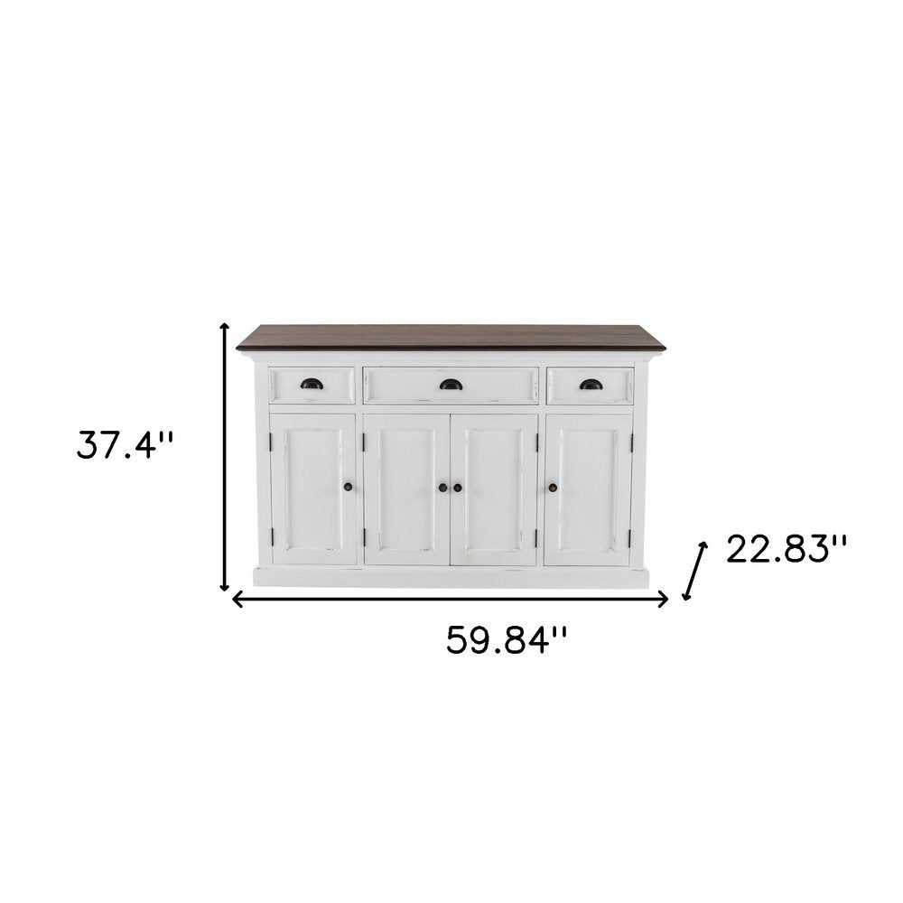60" Antiqued White And Brown Distressed Solid Wood Three Drawer Buffet Table with Four Glass Doors