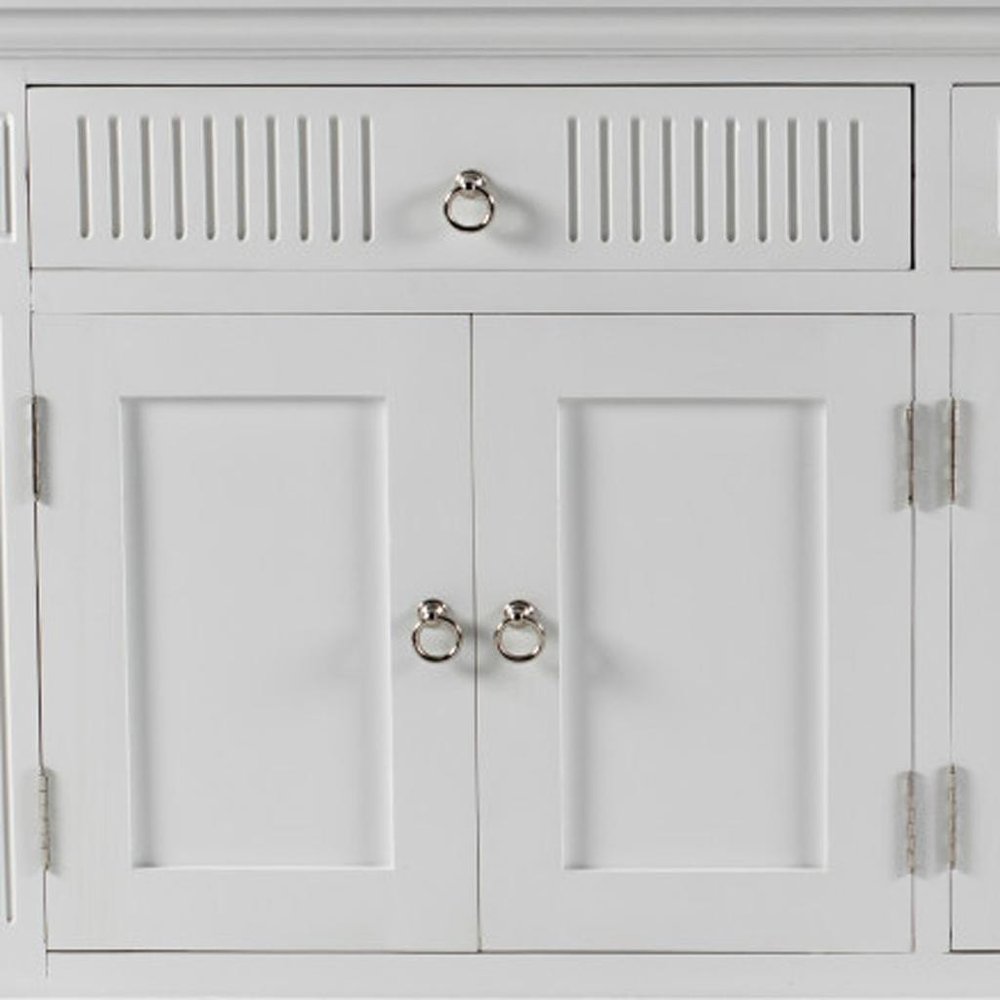 59" White Solid Wood Paneled Two Drawer Buffet Table with Four Doors