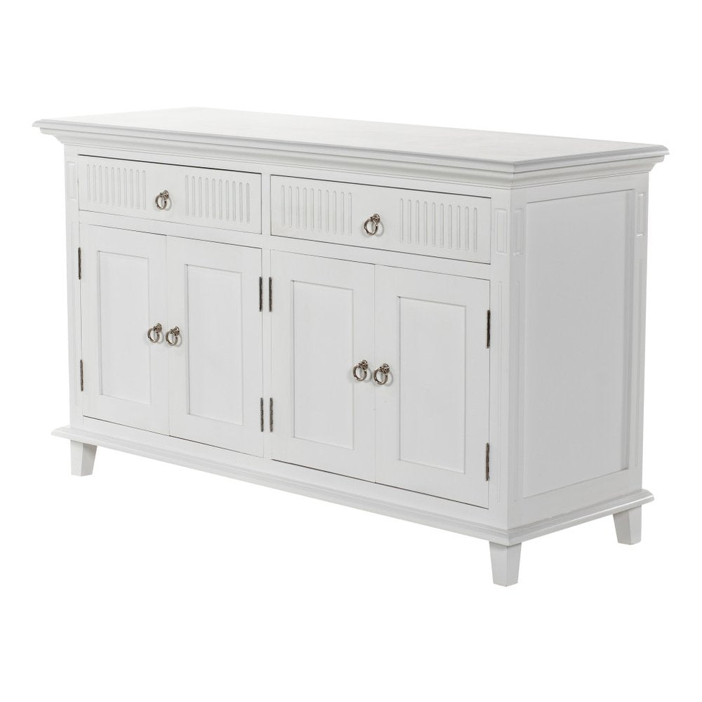 59" White Solid Wood Paneled Two Drawer Buffet Table with Four Doors