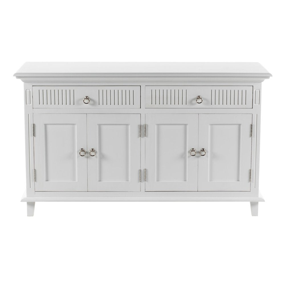 59" White Solid Wood Paneled Two Drawer Buffet Table with Four Doors