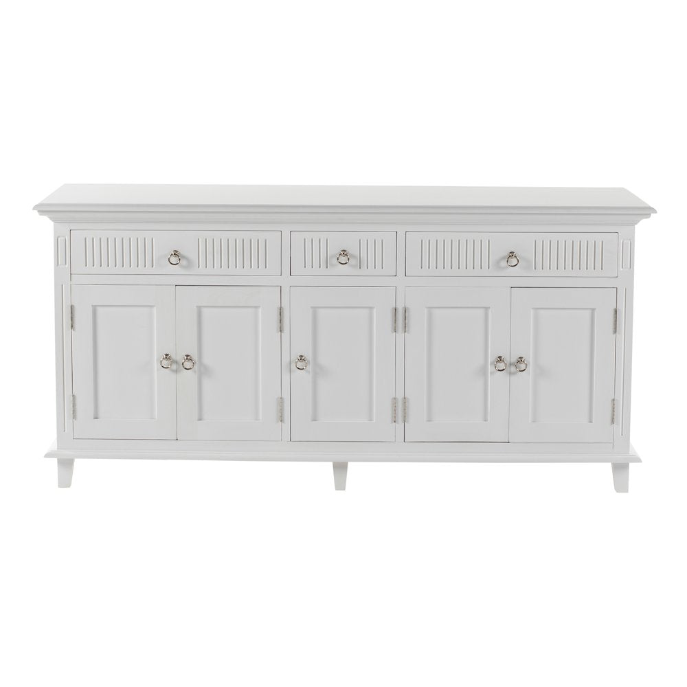 74" Antiqued White Solid Wood Three Drawer Buffet Table with Five Doors