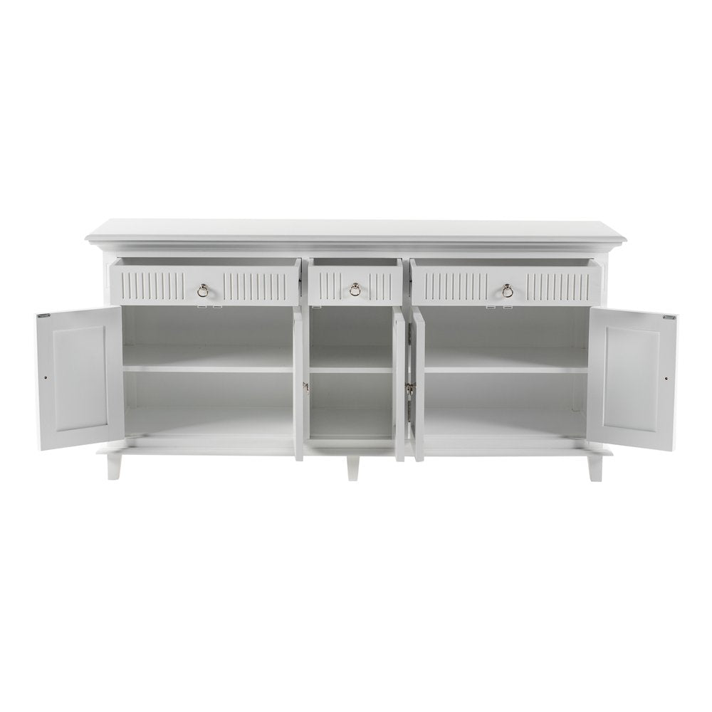 74" Antiqued White Solid Wood Three Drawer Buffet Table with Five Doors