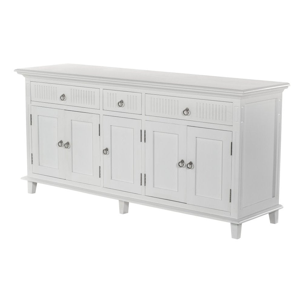 74" Antiqued White Solid Wood Three Drawer Buffet Table with Five Doors