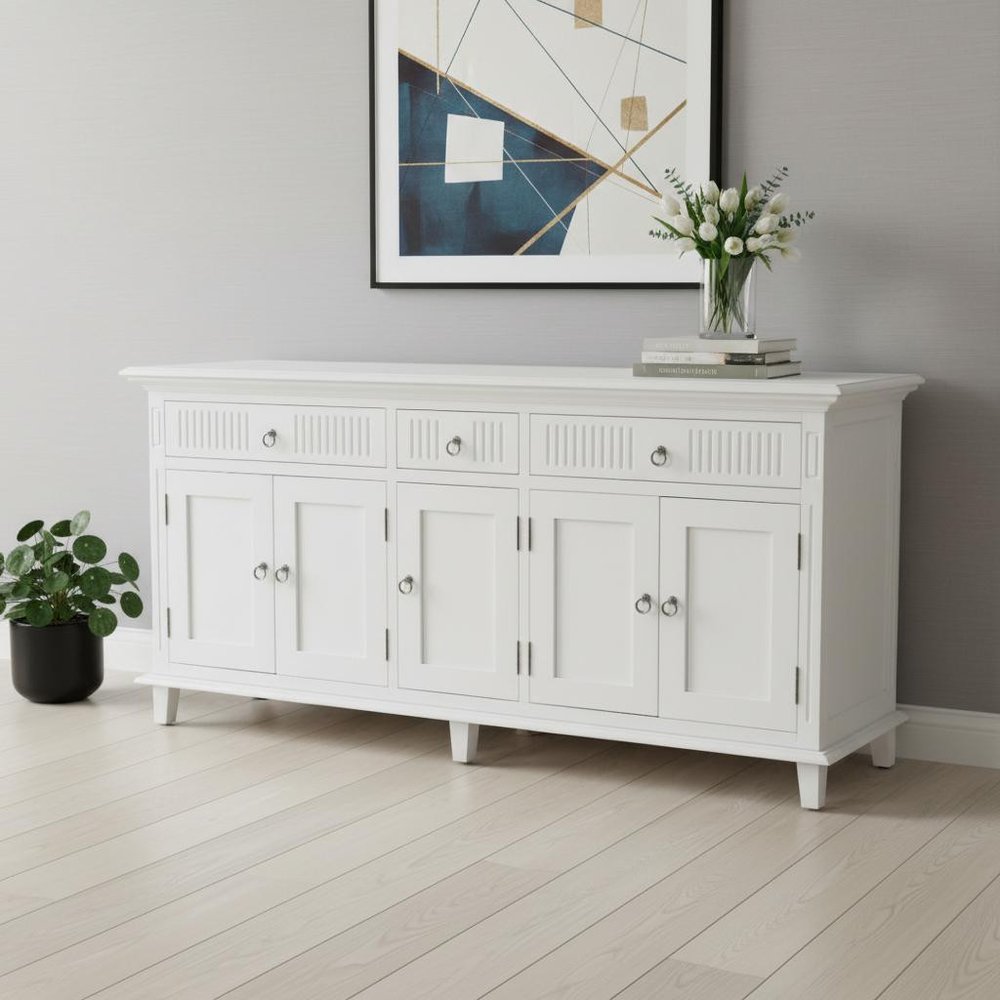 74" Antiqued White Solid Wood Three Drawer Buffet Table with Five Doors