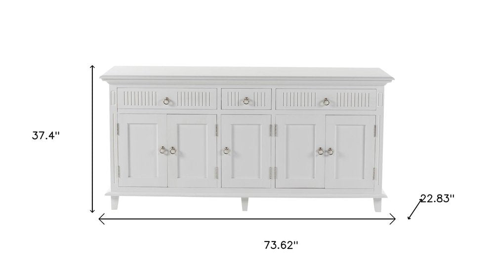 74" Antiqued White Solid Wood Three Drawer Buffet Table with Five Doors