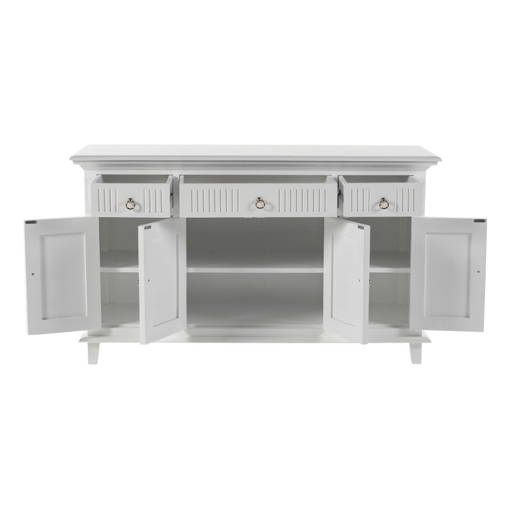 59" White Solid Wood Paneled Three Drawer Buffet Table with Four Doors