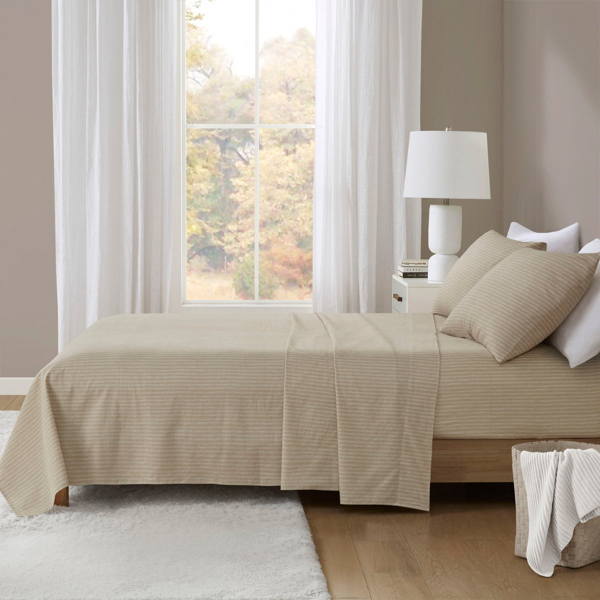 Cozy Cotton Flannel - King Printed Sheet Set - Beige / White Stripes