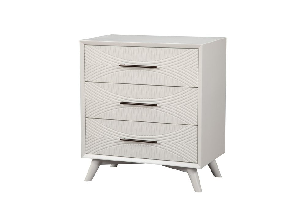 34" White Carved Geometric Solid Wood Three Drawer Dresser