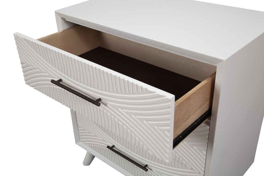 34" White Carved Geometric Solid Wood Three Drawer Dresser