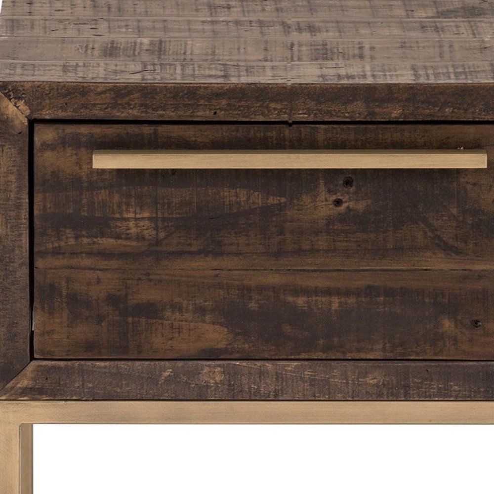 18" Antiqued Brass And Brown Reclaimed Wood End Table With Drawer