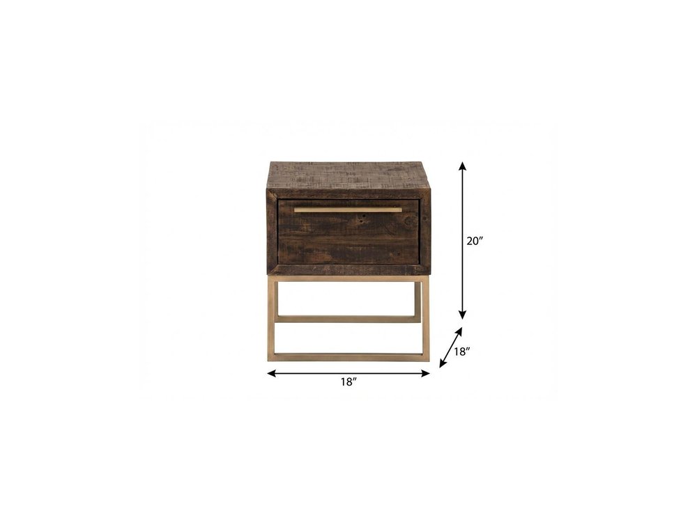 18" Antiqued Brass And Brown Reclaimed Wood End Table With Drawer