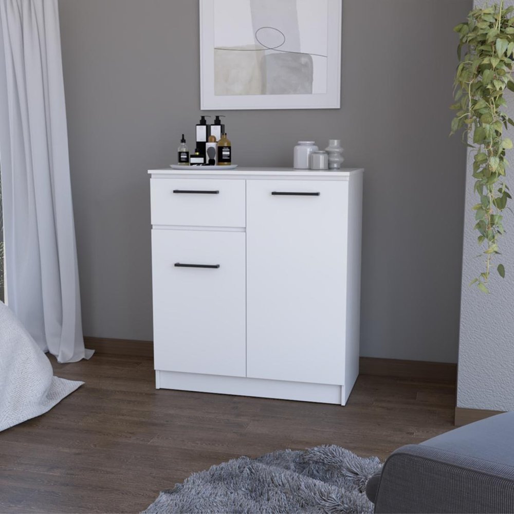 37" White Wood Accent Cabinet With Two Doors And One Drawer