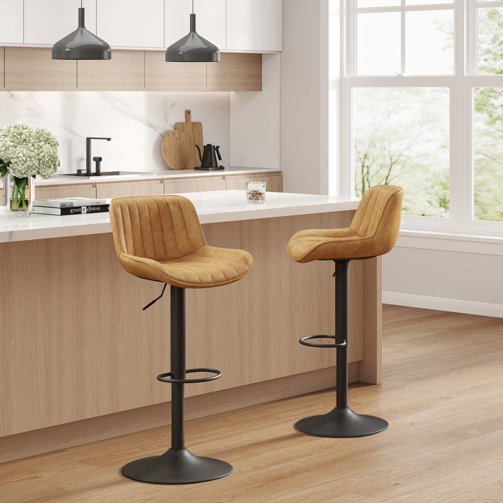 Set of Two 31" Brown And Black Faux Leather And Steel Swivel Low Back Adjustable Height Bar Chairs