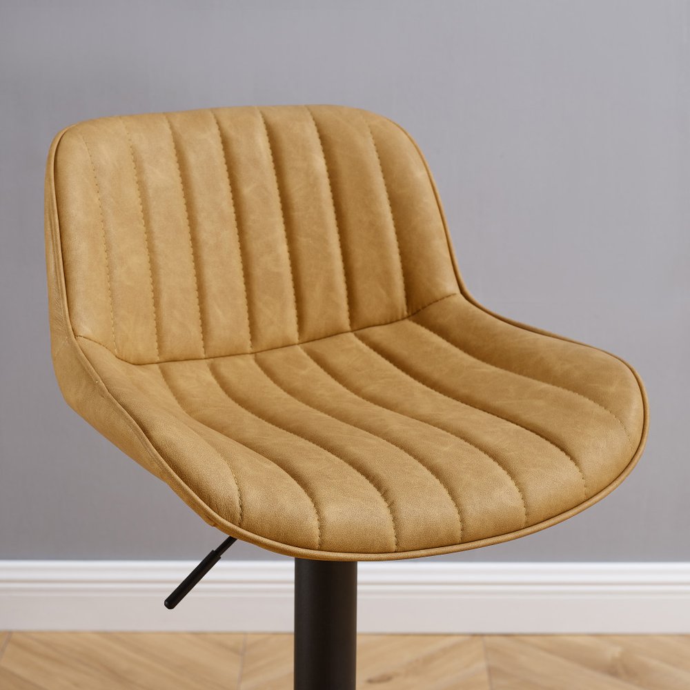 Set of Two 31" Brown And Black Faux Leather And Steel Swivel Low Back Adjustable Height Bar Chairs