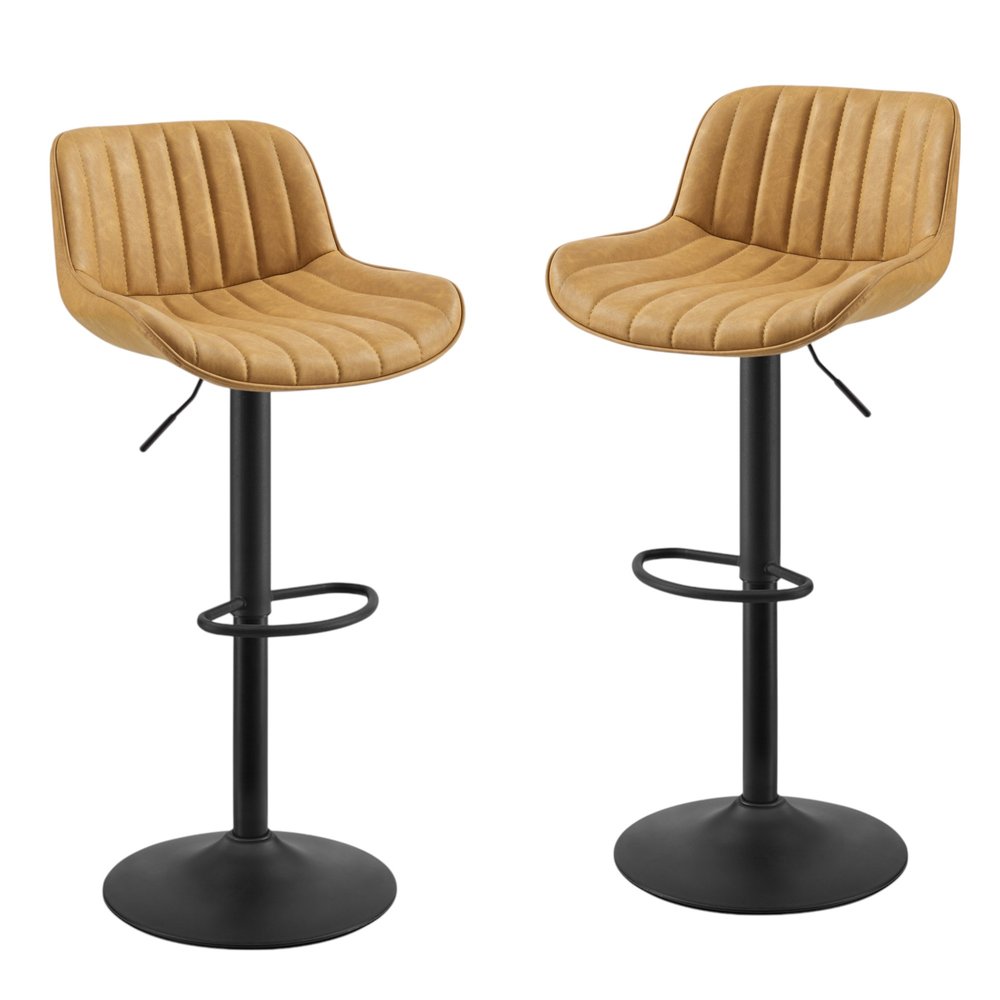 Set of Two 31" Brown And Black Faux Leather And Steel Swivel Low Back Adjustable Height Bar Chairs