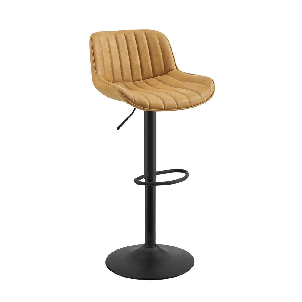 Set of Two 31" Brown And Black Faux Leather And Steel Swivel Low Back Adjustable Height Bar Chairs