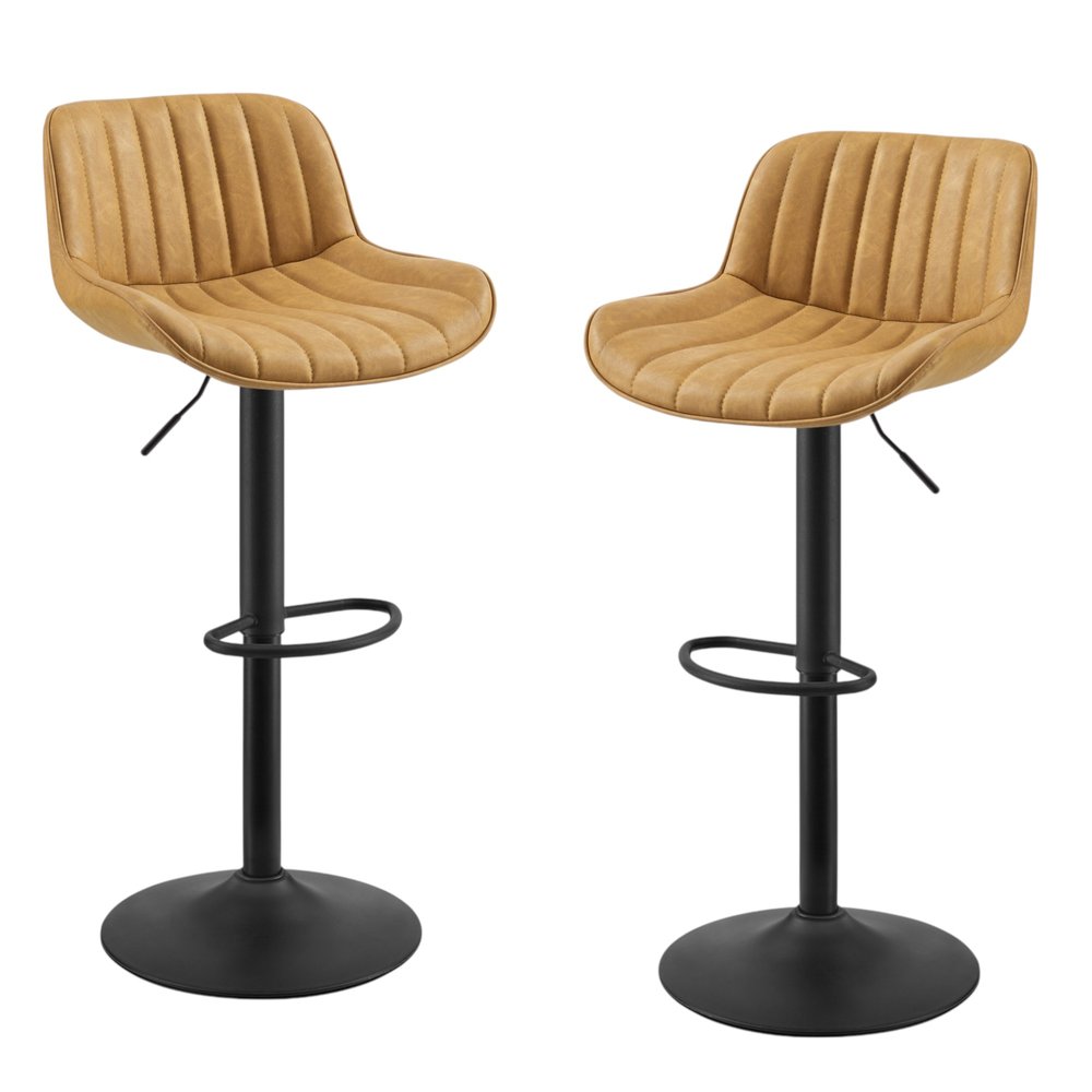 Set of Two 31" Brown And Black Faux Leather And Steel Swivel Low Back Adjustable Height Bar Chairs