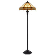 60" Bronze Two Light Traditional Shaped Floor Lamp With Orange and Ivory Abstract Tiffany Glass Empire Shade