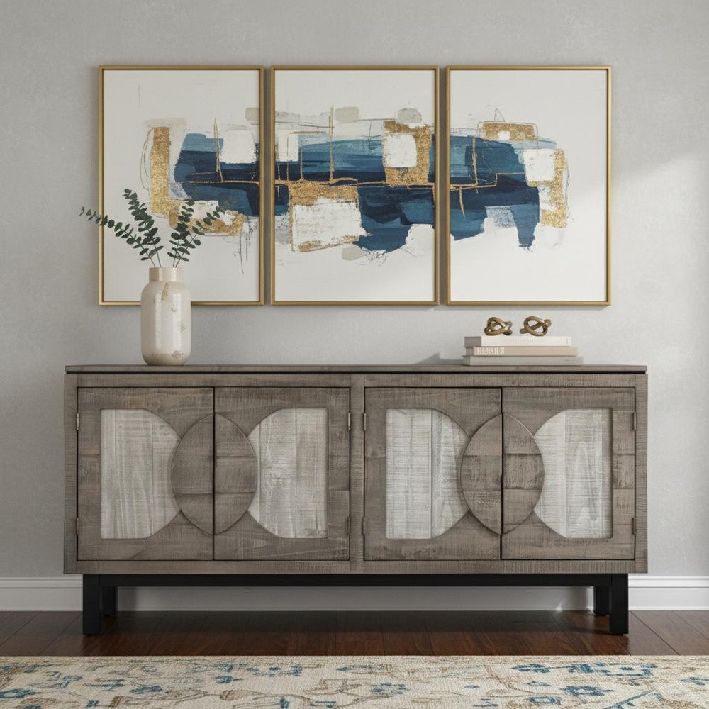 69" Gray Solid and Manufactured Wood Distressed Credenza