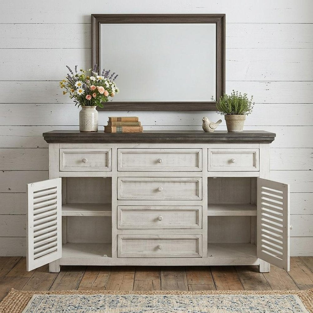 70" Antiqued White Solid and Manufactured Wood Distressed Buffet Table