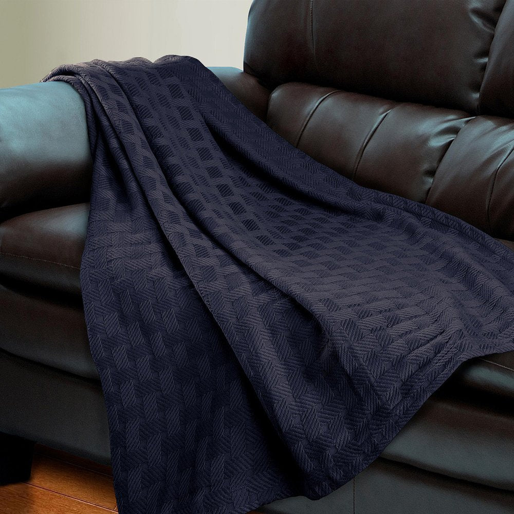 California King Navy Blue Cotton Geometric Basketweave Blanket