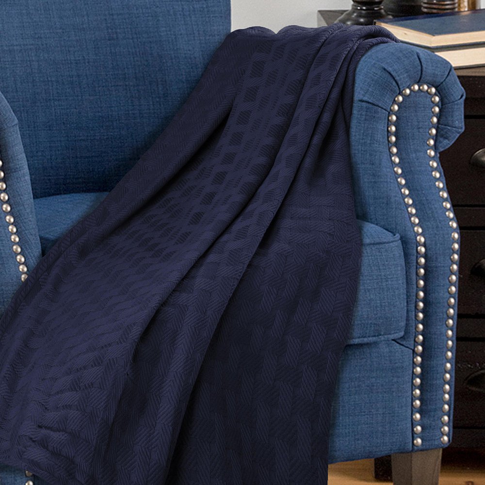 California King Navy Blue Cotton Geometric Basketweave Blanket