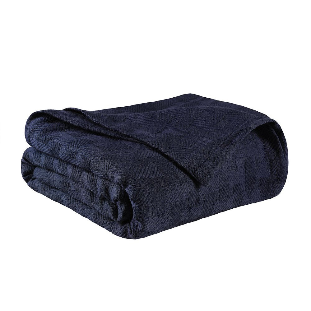 Queen Navy Blue Cotton Geometric Basketweave Blanket