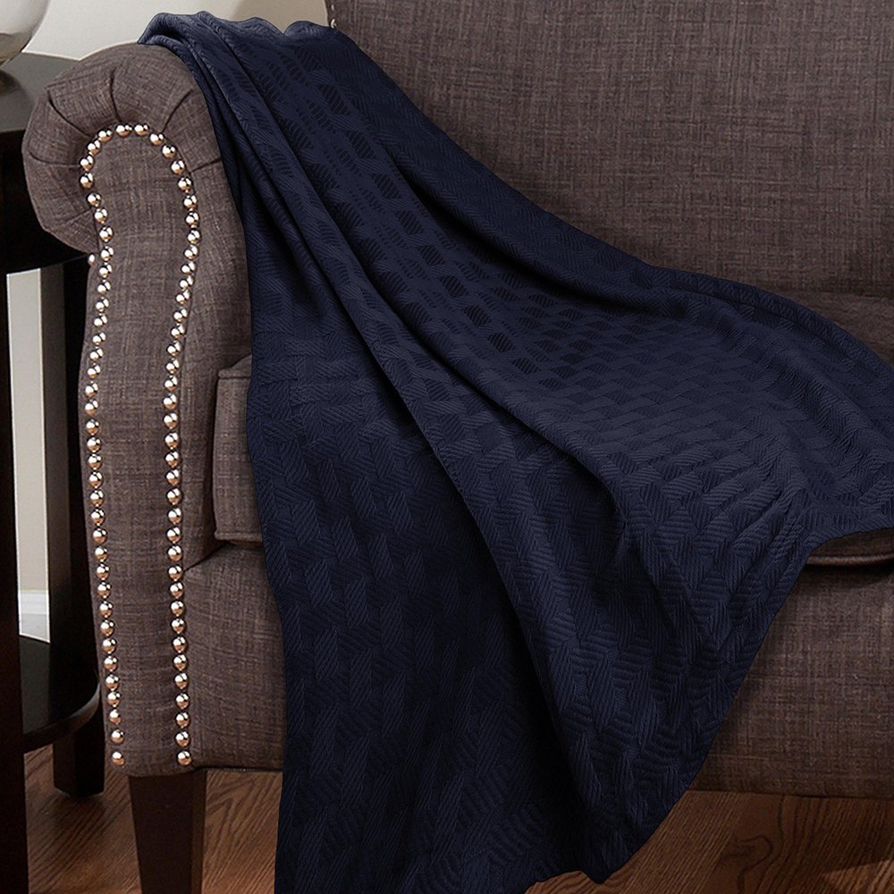 Queen Navy Blue Geometric Cotton Basketweave Blanket