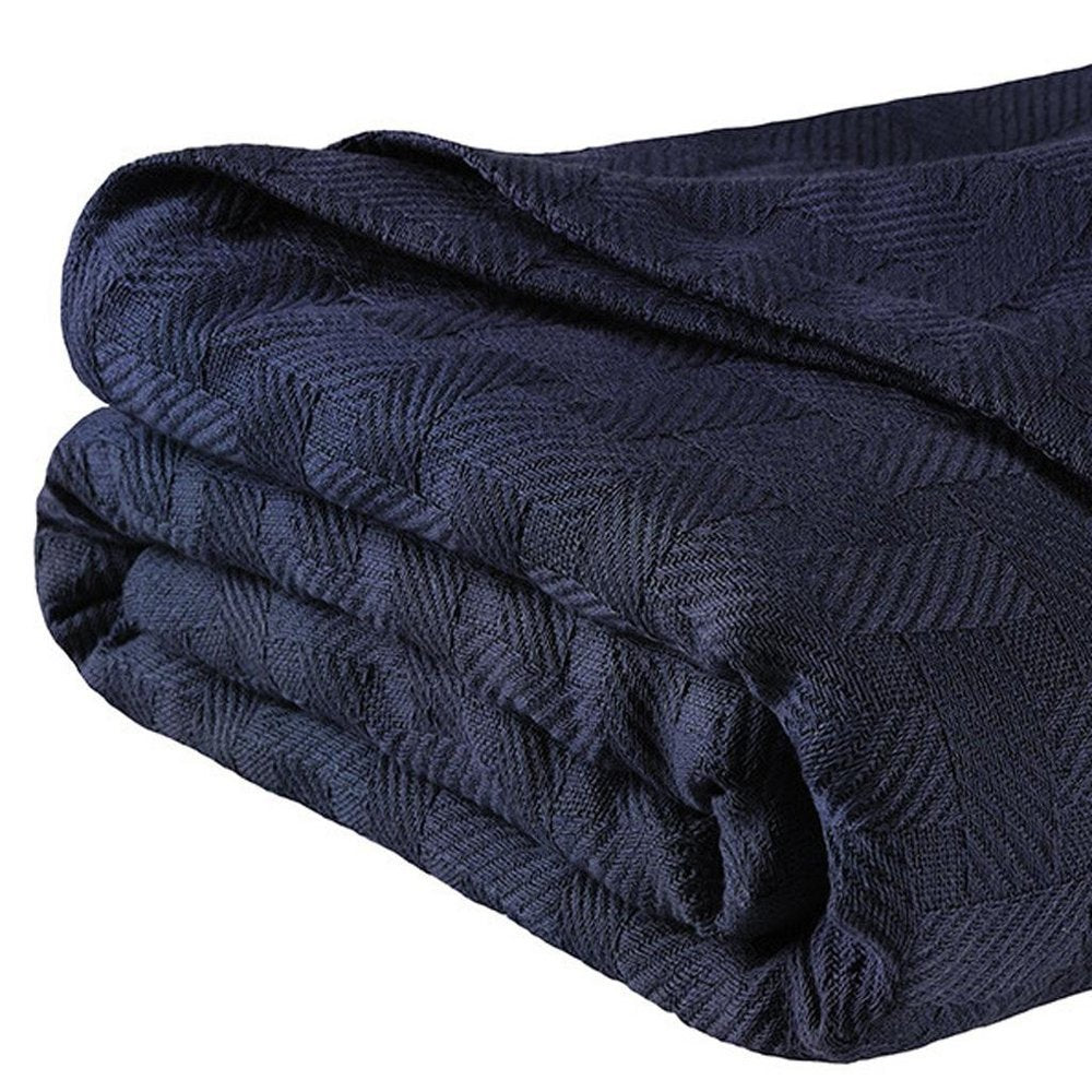 Queen Navy Blue Cotton Geometric Basketweave Blanket
