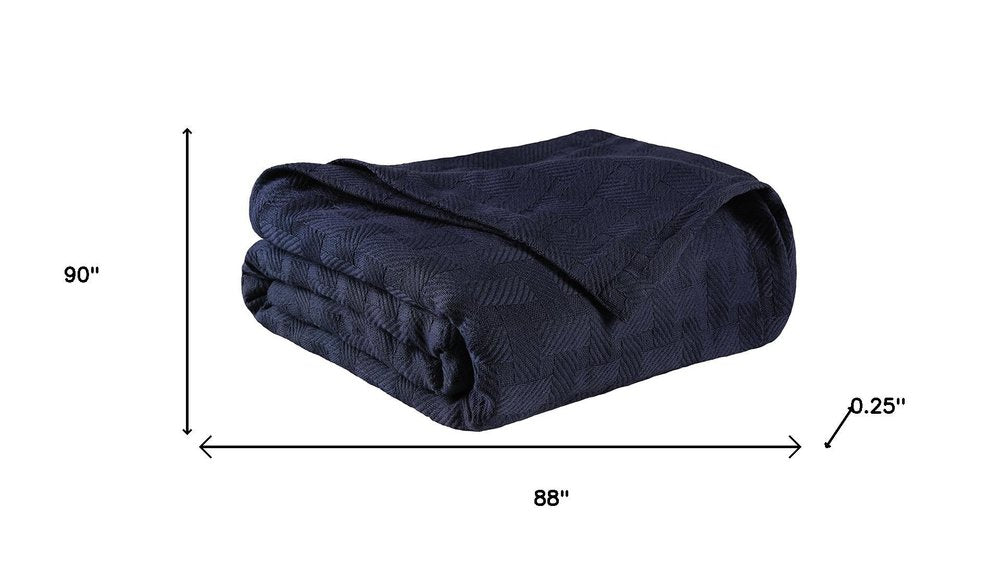 Queen Navy Blue Cotton Geometric Basketweave Blanket