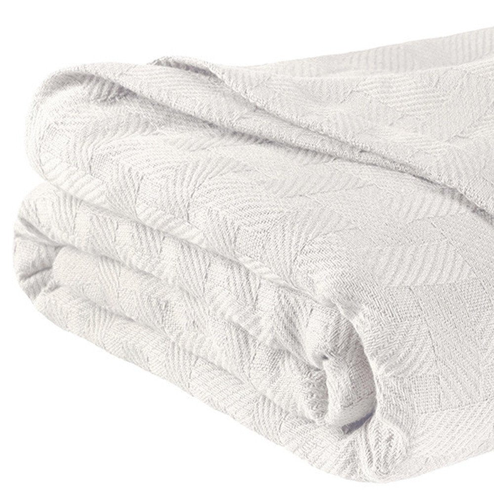 Queen White Cotton Basketweave Geometric Blanket
