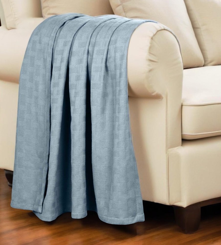 King Light Blue Cotton Basketweave Geometric Blanket