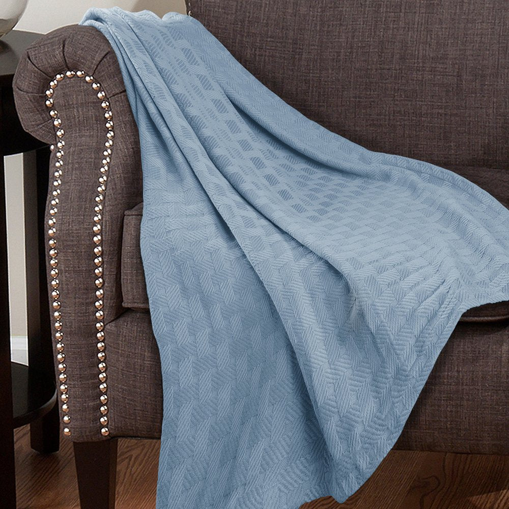 King Light Blue Cotton Basketweave Geometric Blanket