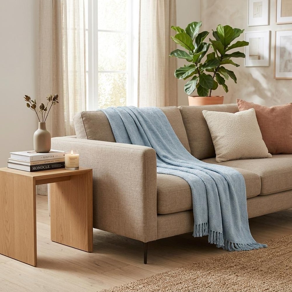 King Light Blue Cotton Basketweave Geometric Blanket