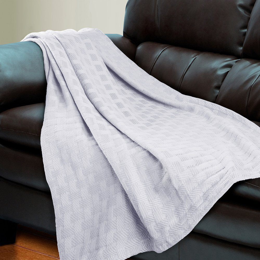 King White Cotton Basketweave Geometric Blanket