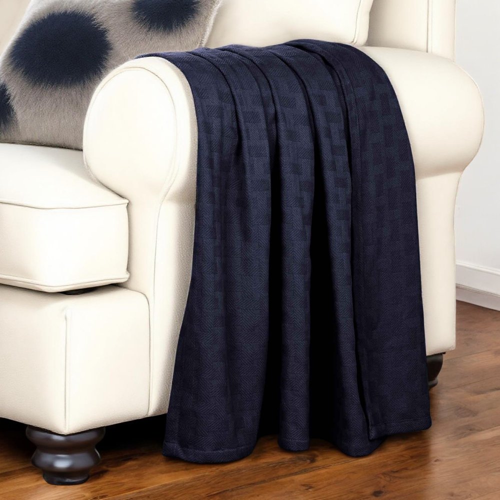 50" X 60" Blue Cotton Geometric Basketweave Throw Blanket