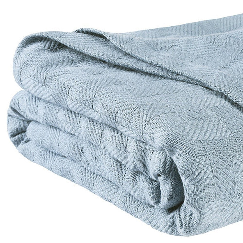 Twin Light Blue Cotton Basketweave Geometric Blanket