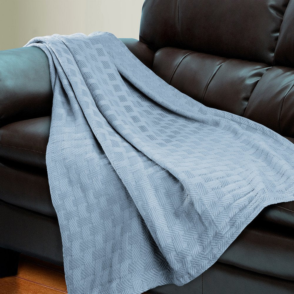 Twin Light Blue Cotton Basketweave Geometric Blanket