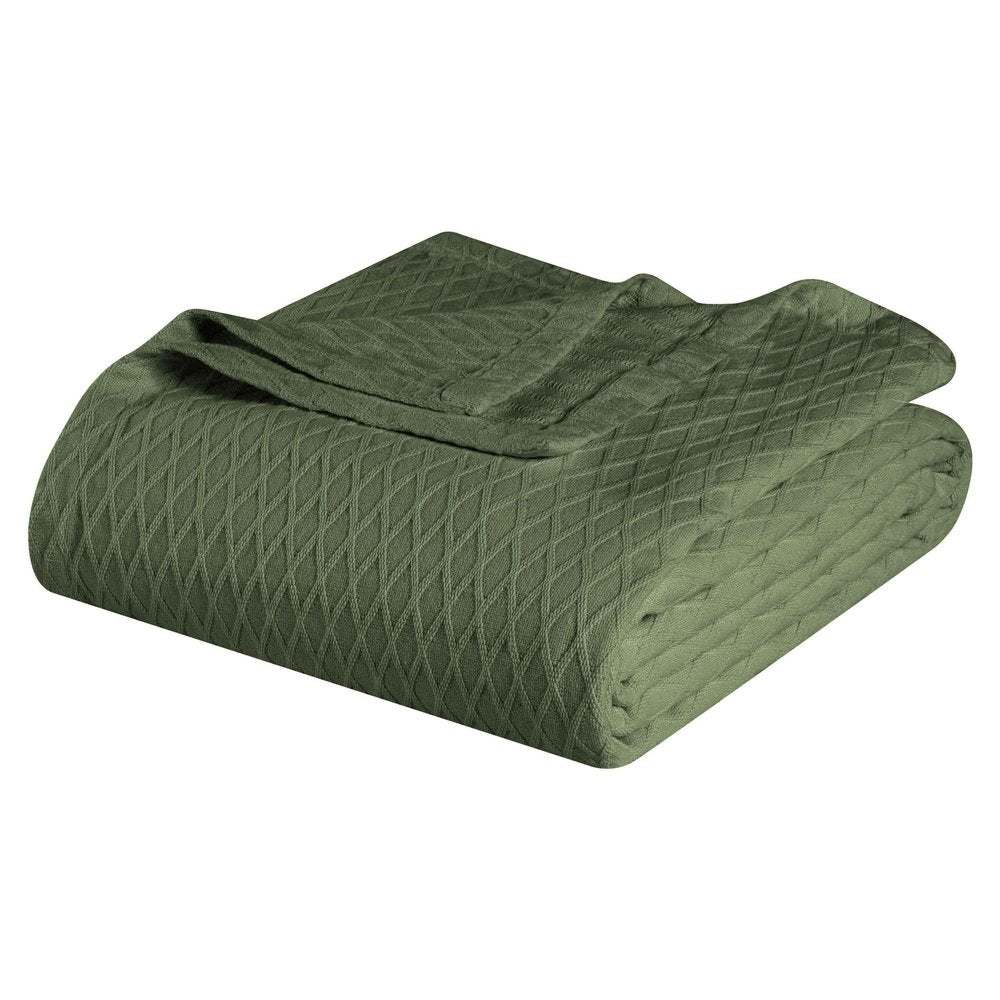 King Forest Green Cotton Plain Weave Geometric Blanket